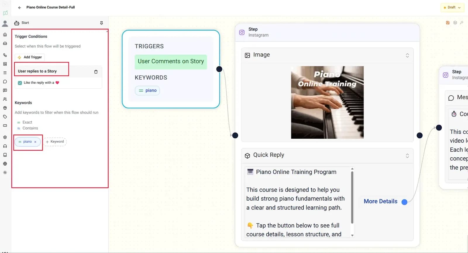 Instagram story reply trigger setup inside automation dashboard